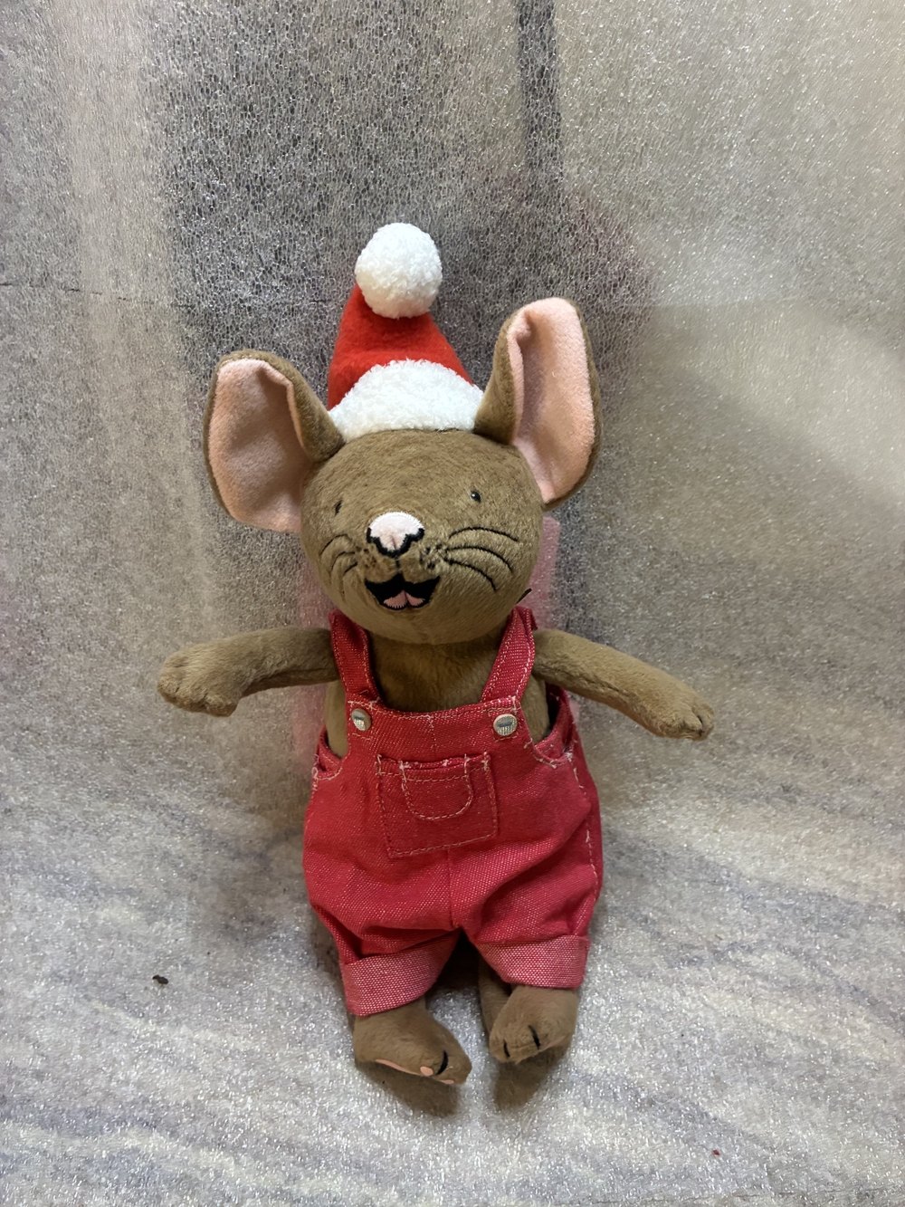 Plush Holiday Mouse in Red Overalls